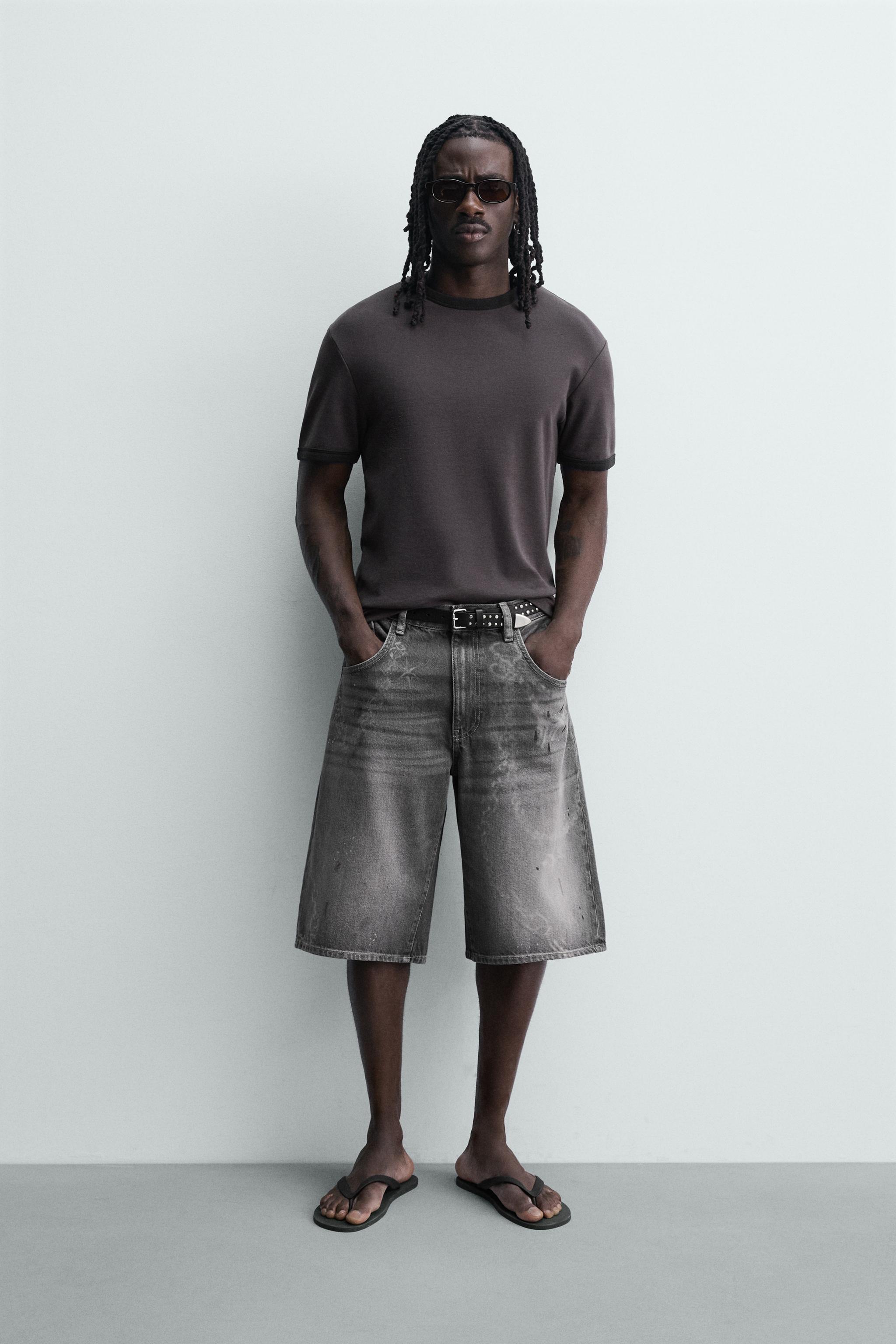 CHAIN EFFECT WASHED DENIM SHORTS